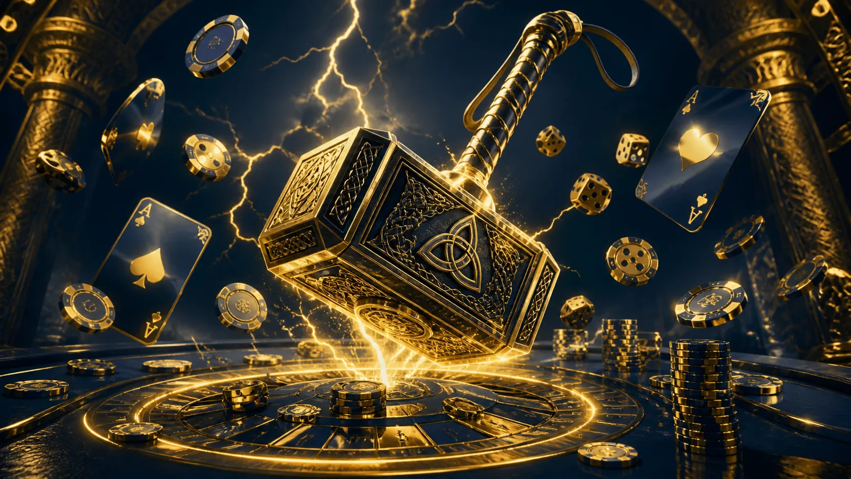 Luxurious casino-themed banner with Thor elements and dynamic casino items in duo-tone colors