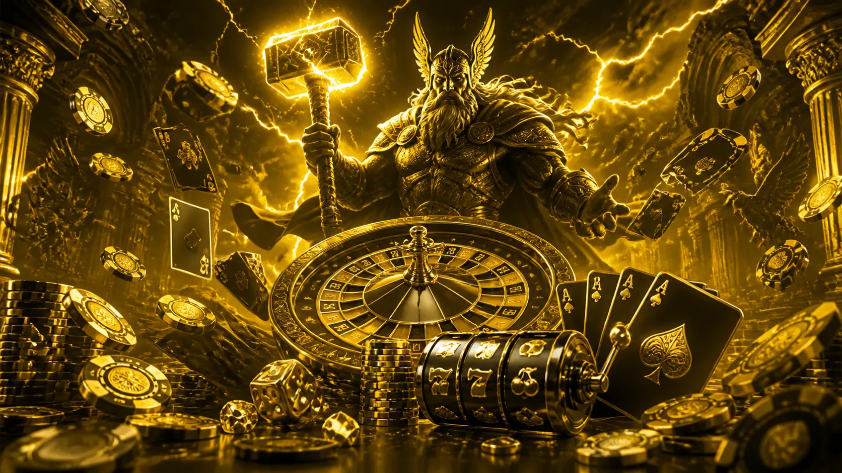 Thorfortune A luxurious casino-themed banner featuring Thor-inspired elements like glowing hammers and Nordic motifs amidst poker chips a